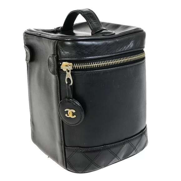 CHANEL CC Bicolore Vanity Cosmetic Hand Bag Leather Black GHW Italy - Picture 7 of 16